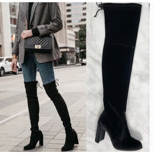 Stuart Weitzman Hiline Velvet Over the Knee Boots 8.5 NWOT Block Heel Black Sexy
